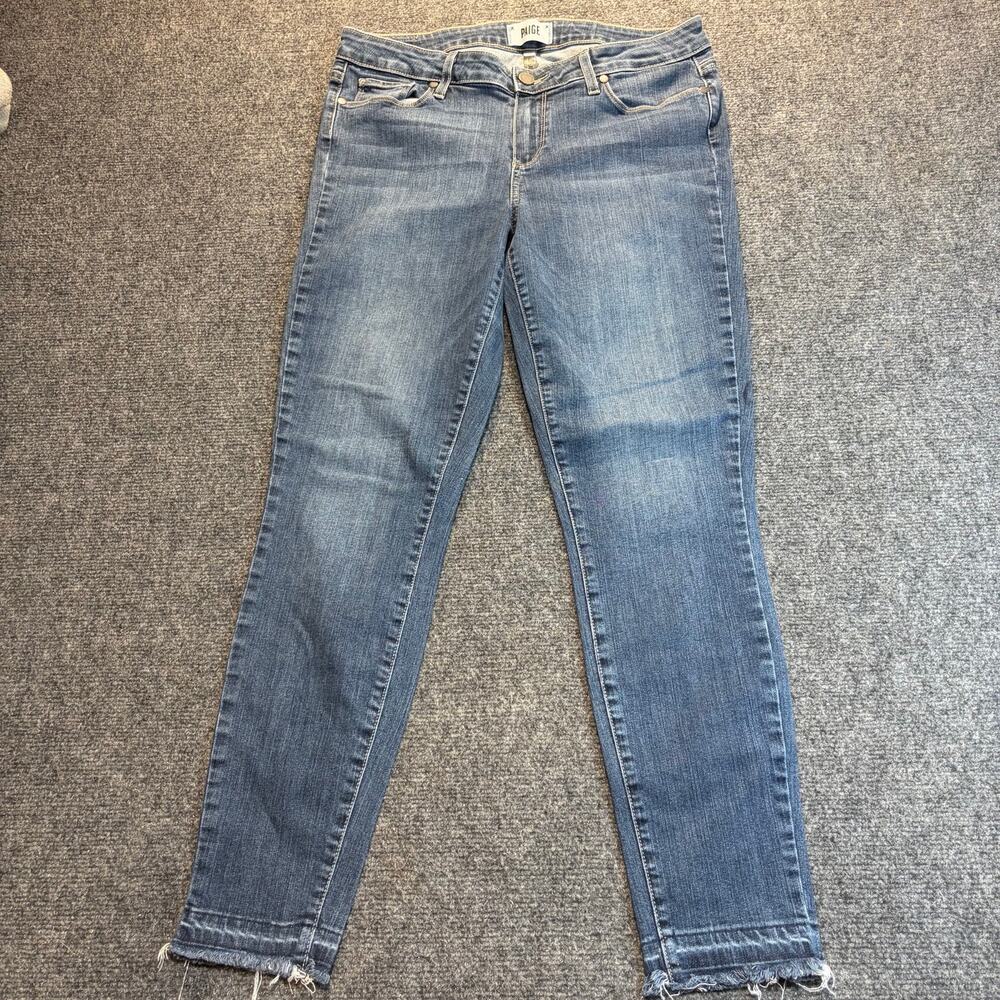 Paige Blue Medium Wash Distressed Raw Hem Crop Skinny Jeans Women Size 32